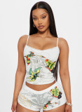 Print Lace Trim Strap Top Shorts Set