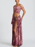 Summer Sexy Slash Shoulder Print Top & Slit Skirt Set