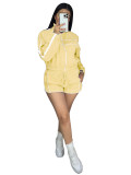 Women sexy long-sleeved zippered contrast webbing top and shorts two-piece set