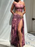 Summer Sexy Slash Shoulder Print Top & Slit Skirt Set