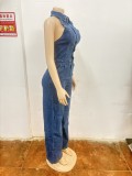 Sexy Patchwork Halter Neck Wide-Leg Denim Jumpsuit