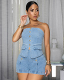 Women's Casual Strapless Denim Top & High-Waist Shorts Set