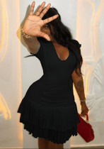 Solid Ruffle Cascading U-Neck Sleeveless Mini Dress