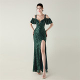 Beaded Sequin Formal Party Dress Off-Shoulder Deep V High-Slit Mermaid Gown