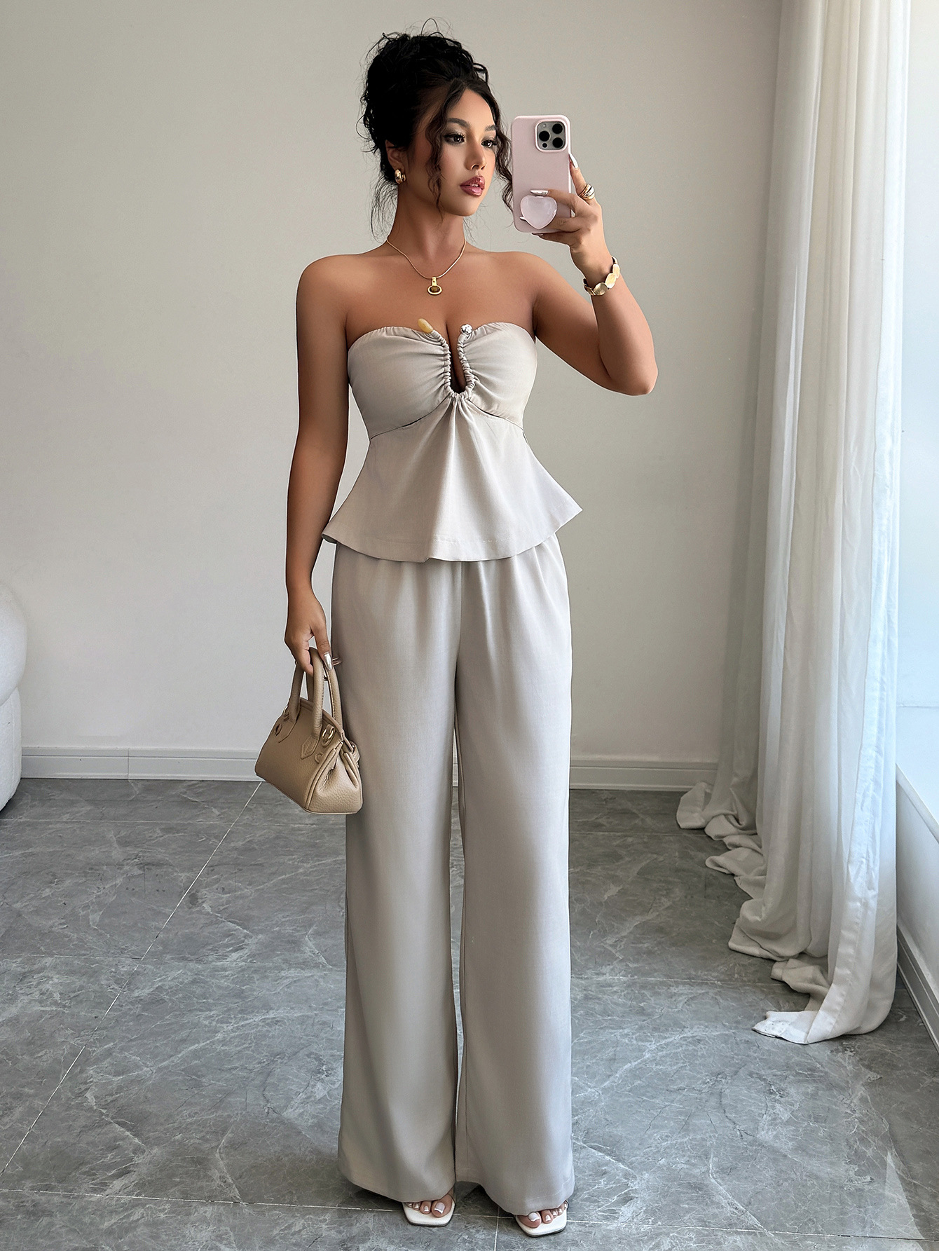 Elegant Strapless Straight-Leg Pants Set