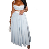Summer Women's Lace Patchwork Strap Crop Top & High-Waist Skirt Set