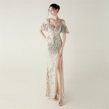 Beaded Sequin Formal Party Dress Off-Shoulder Deep V High-Slit Mermaid Gown