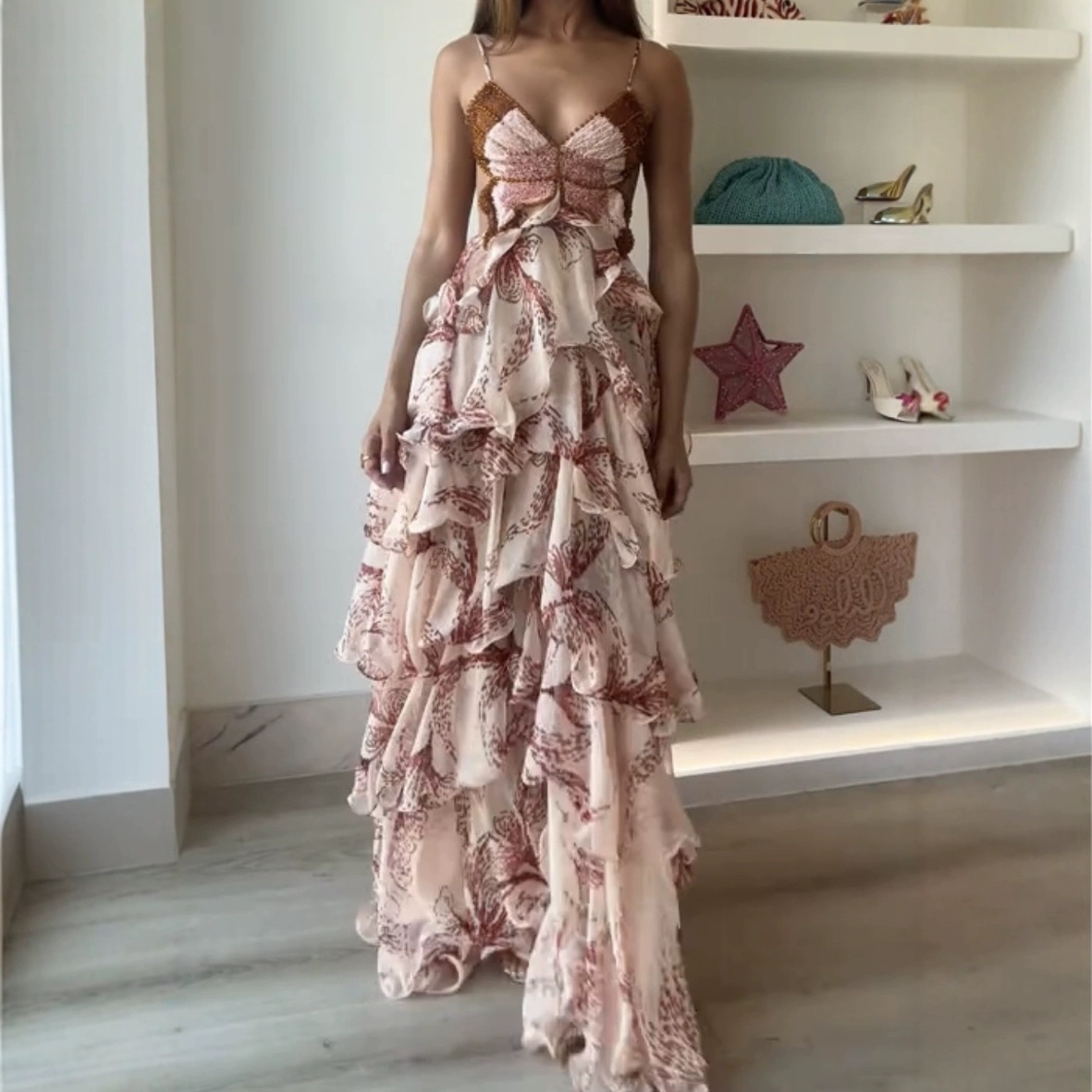 Summer Butterfly Multi-Layer Ruffle Maxi Dress