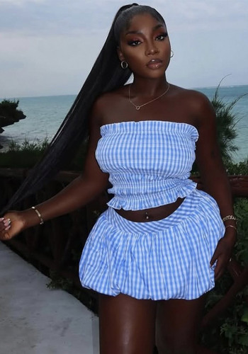 Fall Striped Strapless Puff Sleeve Top & Flared Skirt Set