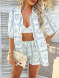 Bohemian Print Holiday Casual Short-Sleeve Shorts Set