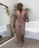 Career Casual Turndown Collar Pleated Sleeve Wide-Leg Pants Set
