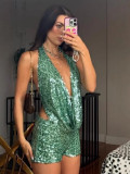 Sheer Green Sequin V-Neck Crop Top & Shorts Set