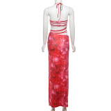 Women Spring Sexy Print Halter Neck Cutout Lace-Up Backless Dress
