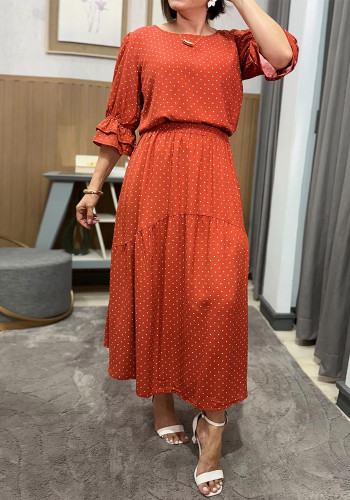 Plus Size Round Neck Polka Dot Patchwork Skirt Set