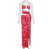 Women Spring Sexy Print Halter Neck Cutout Lace-Up Backless Dress