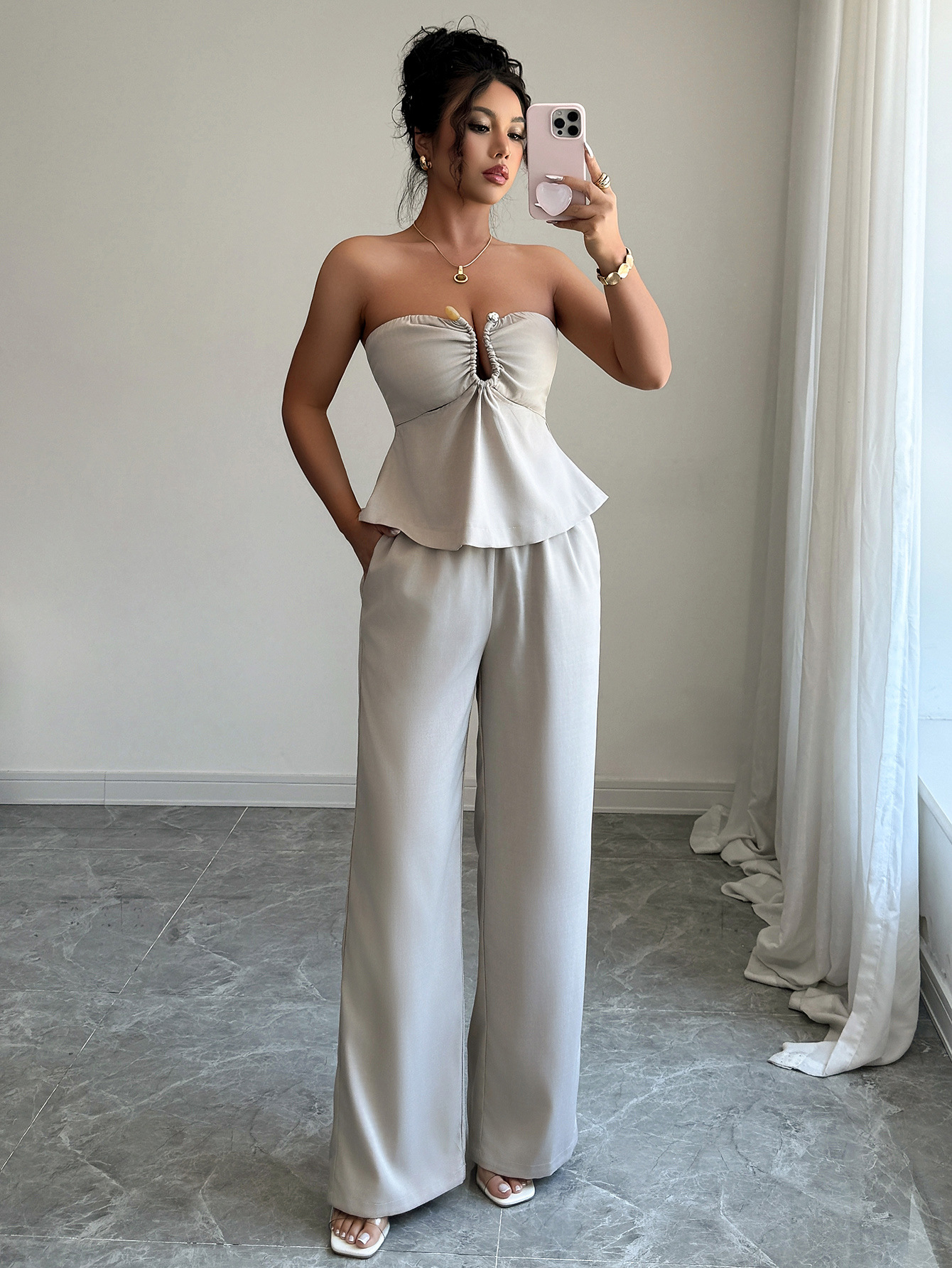 Elegant Strapless Straight-Leg Pants Set