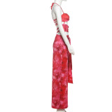 Women Spring Sexy Print Halter Neck Cutout Lace-Up Backless Dress