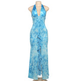 Women Spring Summer Sexy Contrast Halter Neck Lace-Up Backless Slit Dress