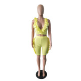 Women Bow Ruffle Sleeveless Top and Shorts Two-Piece Set