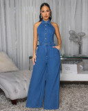 Sexy Patchwork Halter Neck Wide-Leg Denim Jumpsuit