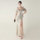 Beaded Sequin Formal Party Dress Off-Shoulder Deep V High-Slit Mermaid Gown