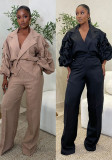 Career Casual Turndown Collar Pleated Sleeve Wide-Leg Pants Set