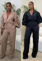 Career Casual Turndown Collar Pleated Sleeve Wide-Leg Pants Set