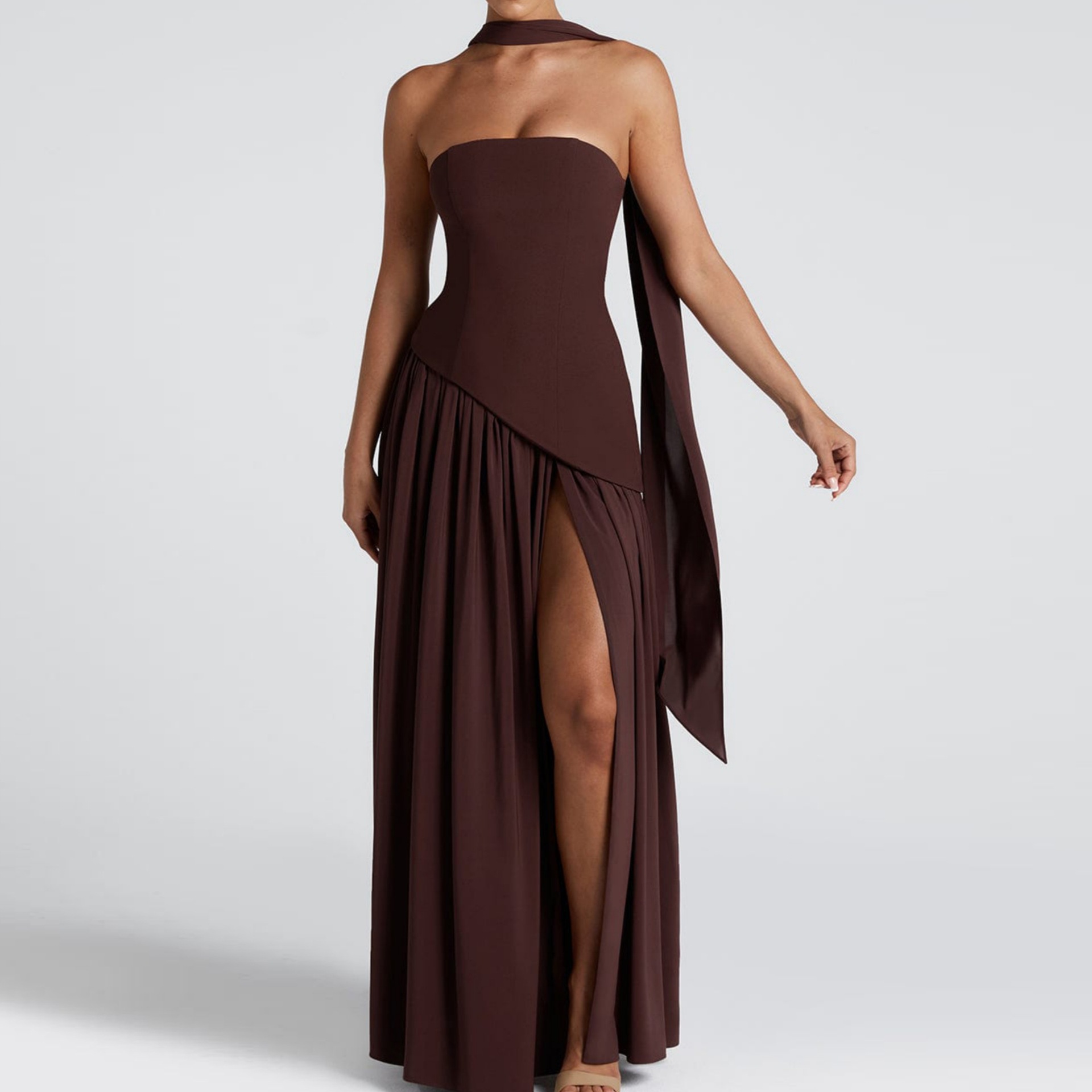 Summer Patchwork Low Back Strapless Slit Solid Dress