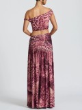 Summer Sexy Slash Shoulder Print Top & Slit Skirt Set