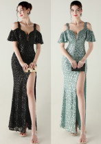 Beaded Sequin Formal Party Dress Off-Shoulder Deep V High-Slit Mermaid Gown
