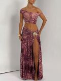 Summer Sexy Slash Shoulder Print Top & Slit Skirt Set
