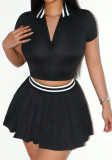Women's Summer Skirt & Turndown Collar Short-Sleeve Top Two-Piece Set