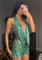 Sheer Green Sequin V-Neck Crop Top & Shorts Set Sheer Green Sequin V-Neck Crop Top & Shorts Set