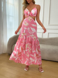 Holiday Print Strap Sheer Cutout Dress