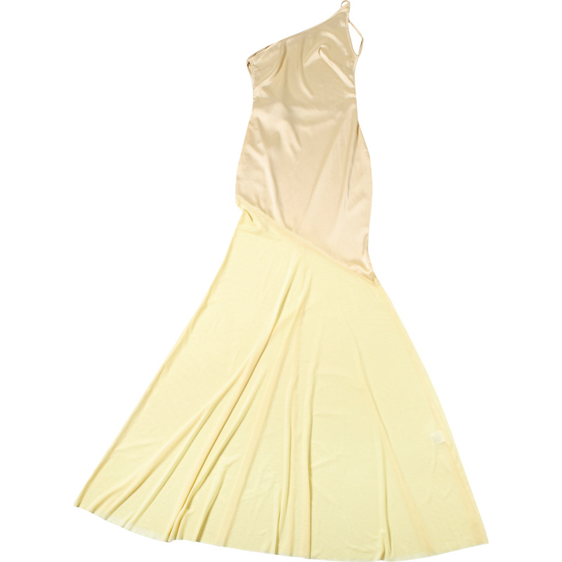 Women Summer Sexy Mesh Patchwork Slash Shoulder Lace-Up Dress