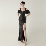 Beaded Sequin Formal Party Dress Off-Shoulder Deep V High-Slit Mermaid Gown
