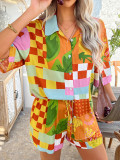 Bohemian Print Holiday Casual Short-Sleeve Shorts Set