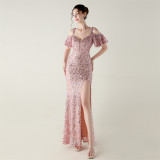 Beaded Sequin Formal Party Dress Off-Shoulder Deep V High-Slit Mermaid Gown
