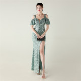 Beaded Sequin Formal Party Dress Off-Shoulder Deep V High-Slit Mermaid Gown
