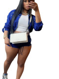 Women sexy long-sleeved zippered contrast webbing top and shorts two-piece set