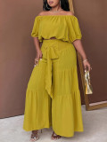 Plus Size Women Summer Beach Holiday Off-Shoulder Puff-sleeved off-the-shoulder crop top and wide-leg pants two-piece set