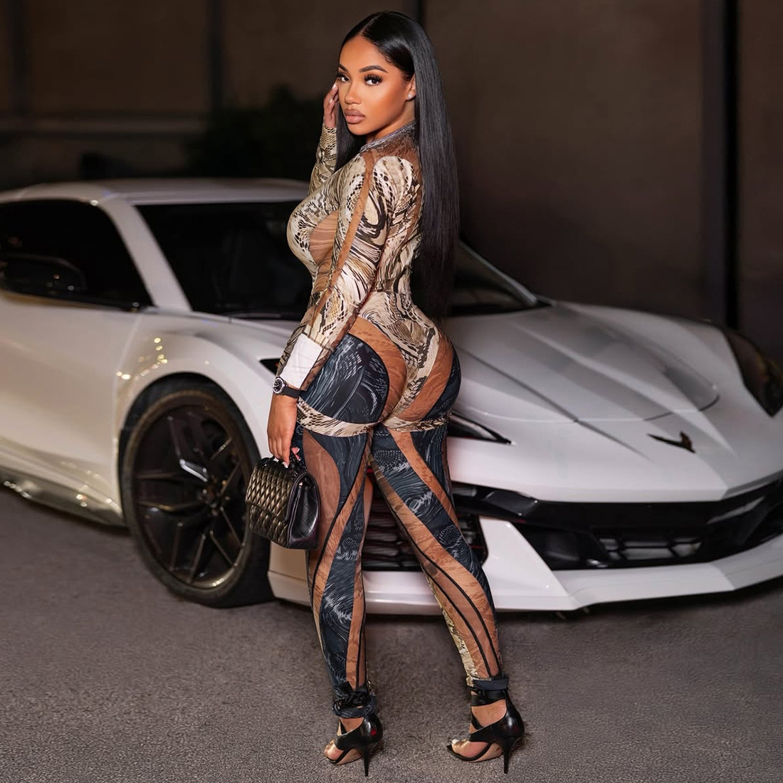 Women Style Snake Print Sexy Bodysuit and Pants Two-Piece Set