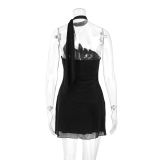 Women Summer One-Shoulder Sleeveless Halter Neck Sexy Lace-Up Bodycon Mini Dress