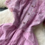 Women French Beaded Embroidered Short Sleeve Puffy Mesh Dress