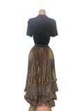 Plus Size Women French T-Shirt and Pleated Ruffle Puffy Skirt Two-Piece Set