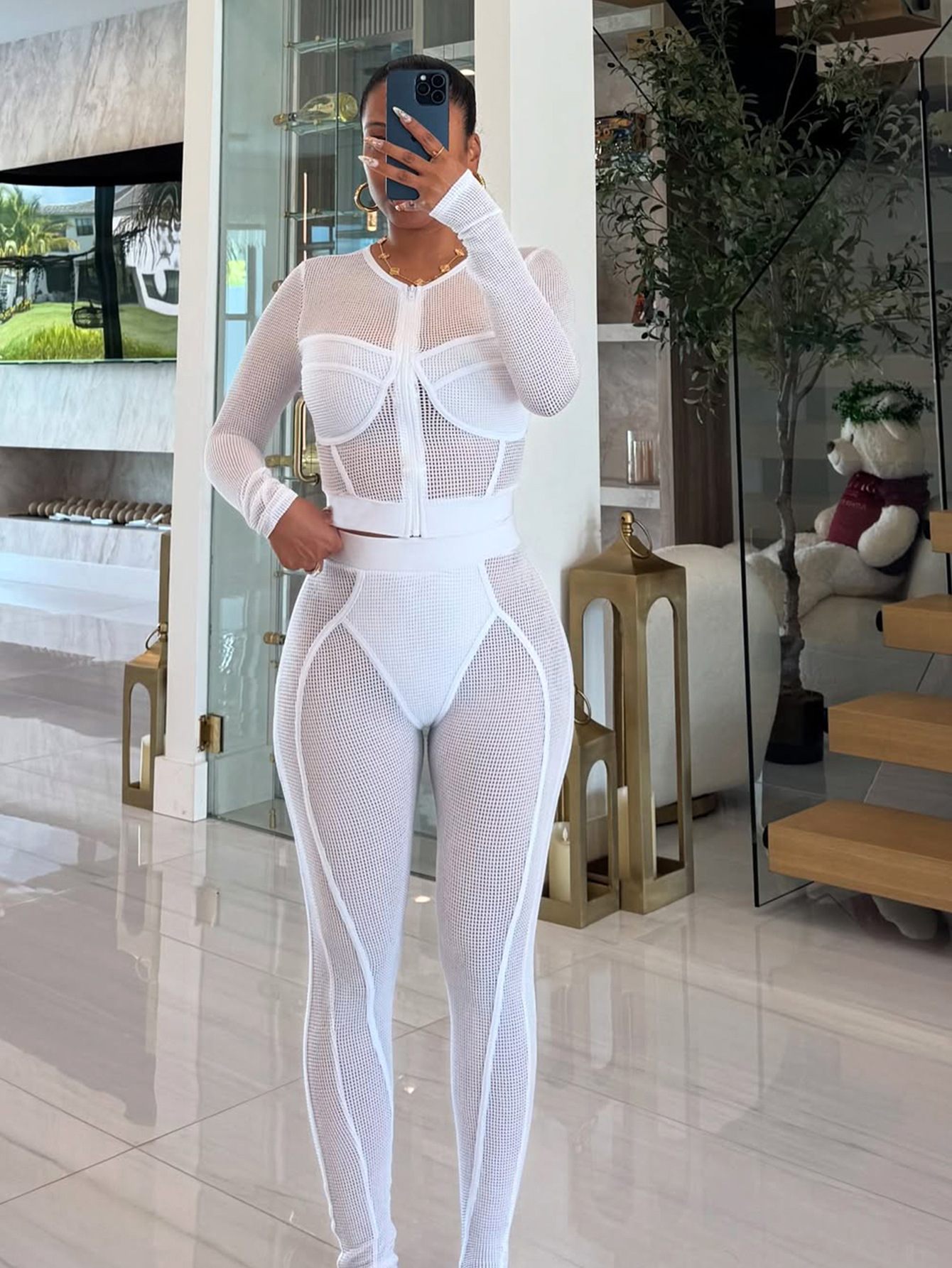 Women Casual Mesh Zipper Top and Pants Two-Piece Set