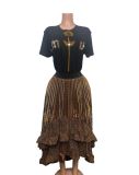 Plus Size Women French T-Shirt and Pleated Ruffle Puffy Skirt Two-Piece Set