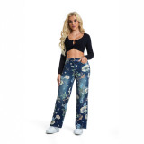 Women printed blue wide-leg denim pants
