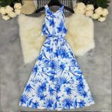 Women Spring Print Round Neck Sleeveless Dress