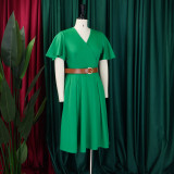 Plus Size Women Elegant Solid V-Neck Bell Bottom Sleeve African Dress